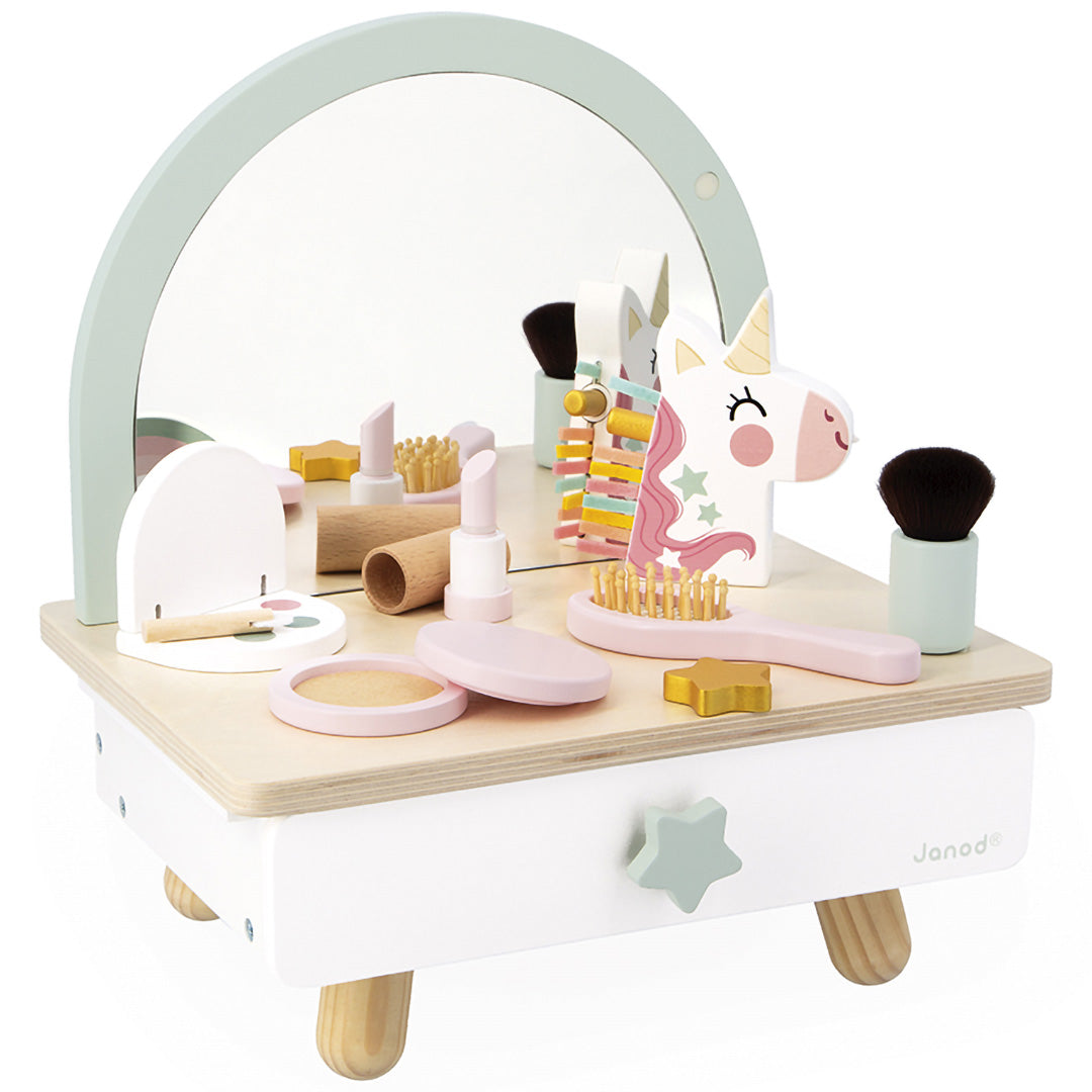 Janod houten speelgoed kaptafeltje met eenhoorn en make-up accessoires.
