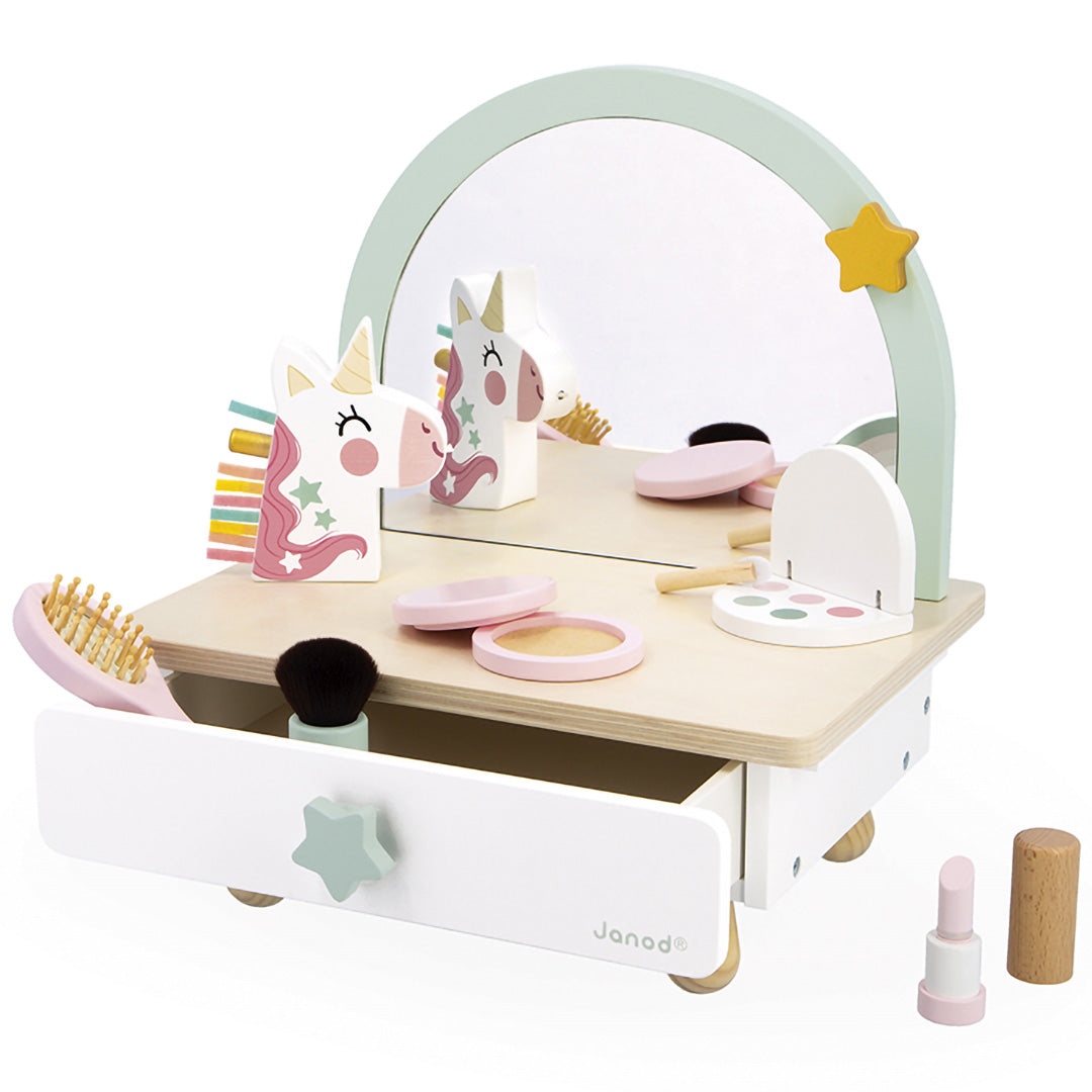 Janod houten eenhoorn kaptafeltje met open lade en make-up accessoires.