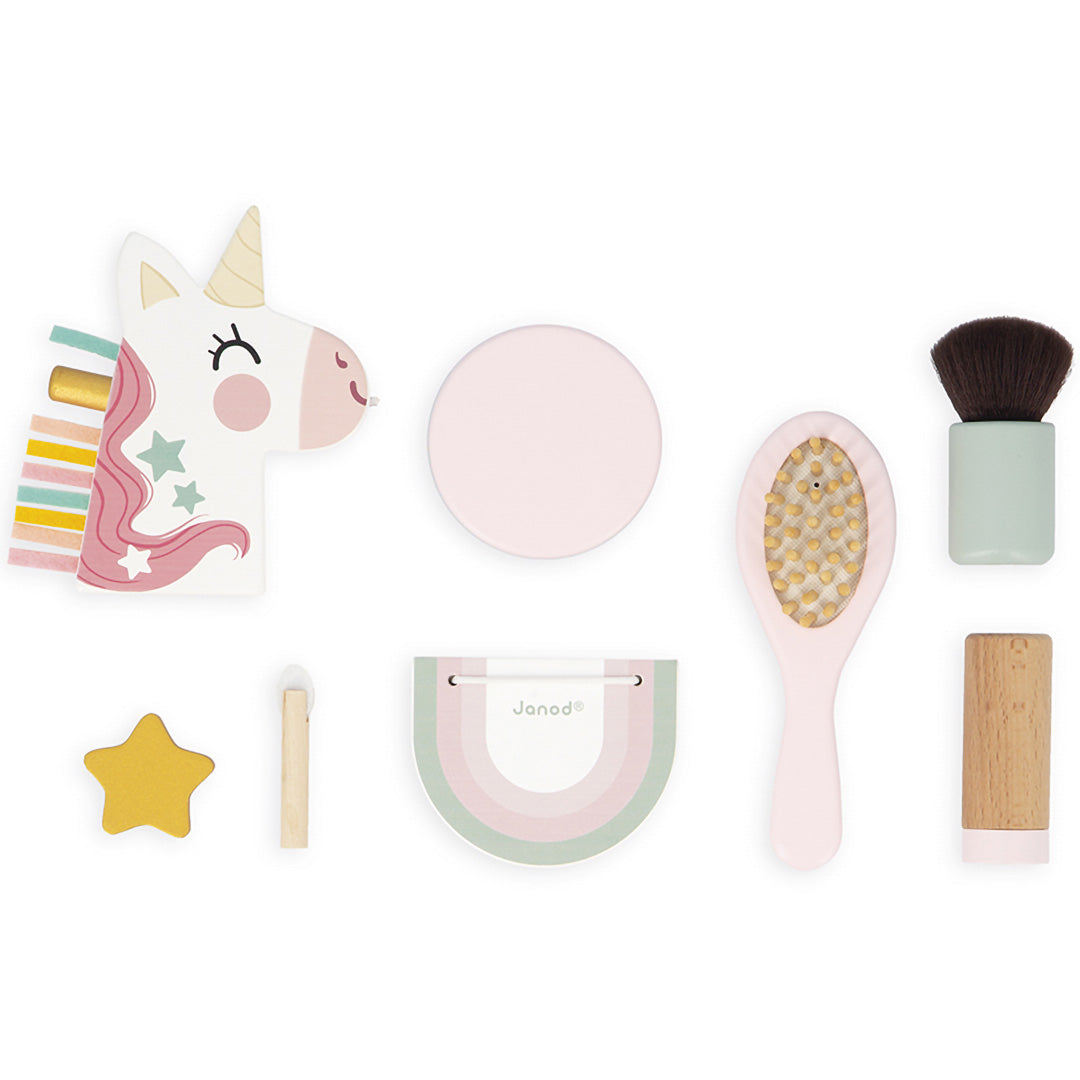 Overzicht van de Janod houten eenhoorn speelgoed make-up accessoires.