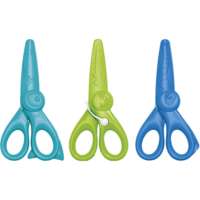 Drie Janod kinderschaartjes met plastic getande bladen en dierenthema handvatten in turquoise, groen en blauw.