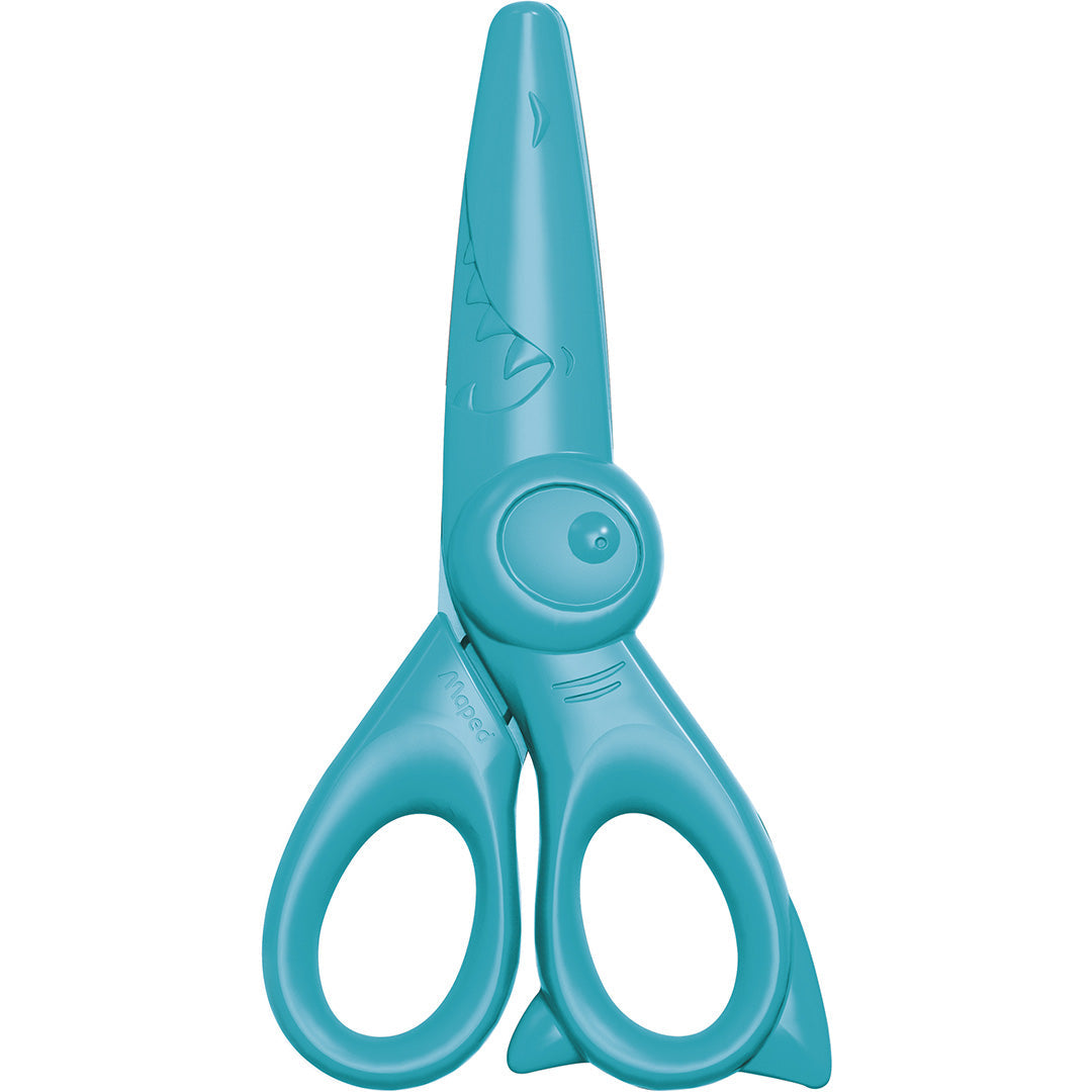 Een turquoise Janod kinderschaar met plastic getande bladen en een haaienthema handvat.