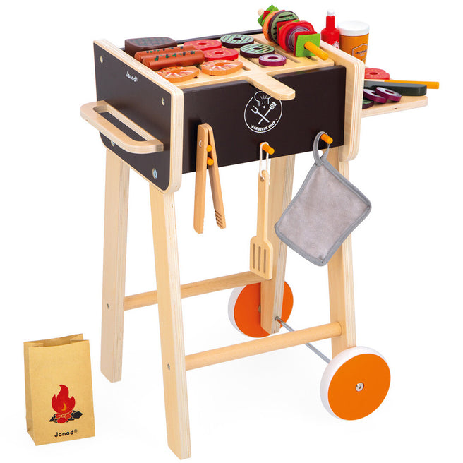 Janod kinderbarbecue van hout met diverse speelgoedingrediënten en accessoires.