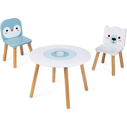 Janod kindertafel met twee kinderstoelen, één met pinguïn en één met ijsbeer gezicht.