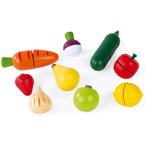 Janod houten snijgroenten en fruit speelgoed, losse stukken, van bovenaf gezien.