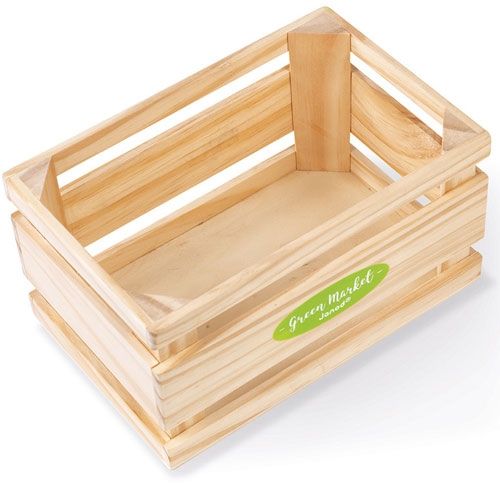 Lege houten kist van de Janod speelgoedset, schuin van bovenaf gezien.