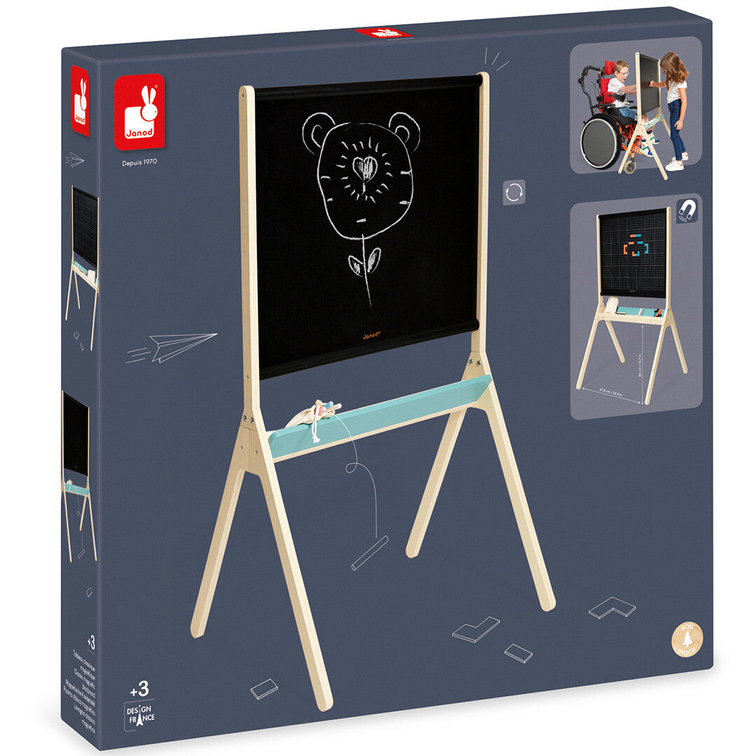 De verpakking van het Janod houten schoolbord met productafbeeldingen.