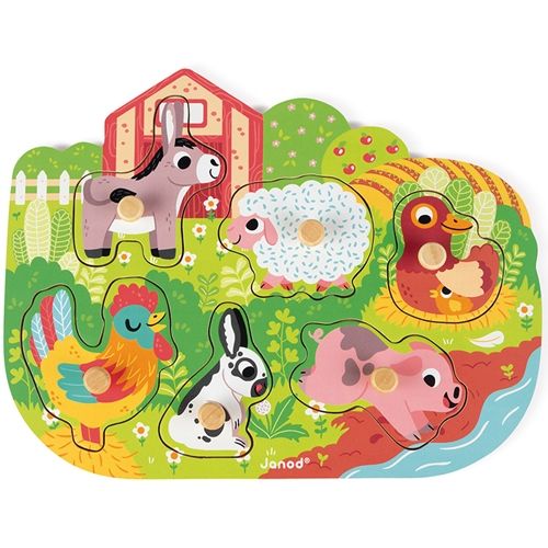 Janod houten knoppuzzel met boerderijdieren, alle zes dieren zijn in de puzzel geplaatst.