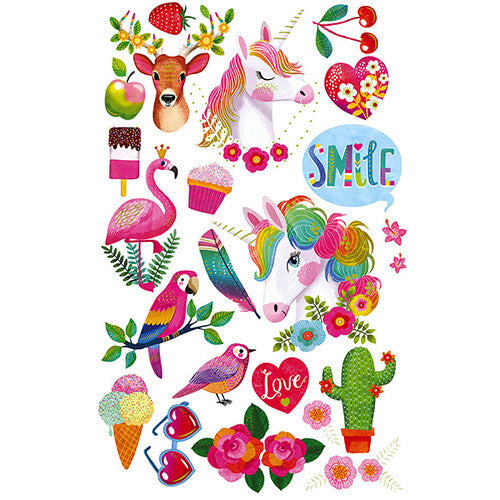 Een verzameling kleurrijke stickers met eenhoorns, dieren, fruit, bloemen en teksten.