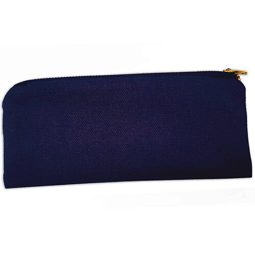 Een effen donkerblauw canvas etui met een gouden rits.