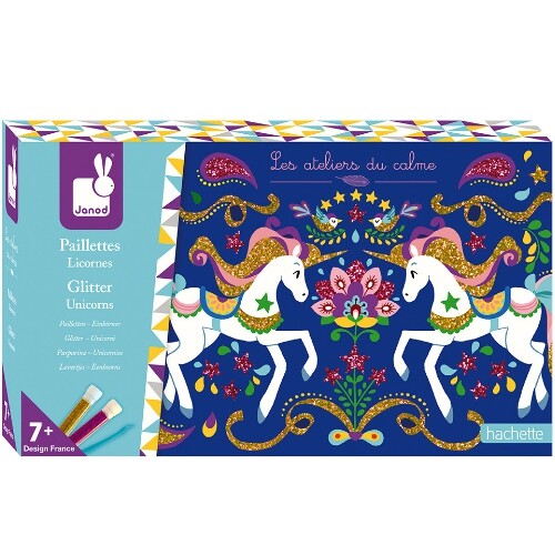 Janod knutselset glitter eenhoorns verpakking met twee eenhoorns en bloemmotieven.