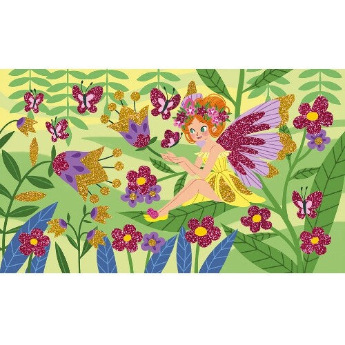 Glittertekening van een elfje met vlinders en bloemen in een groene omgeving.