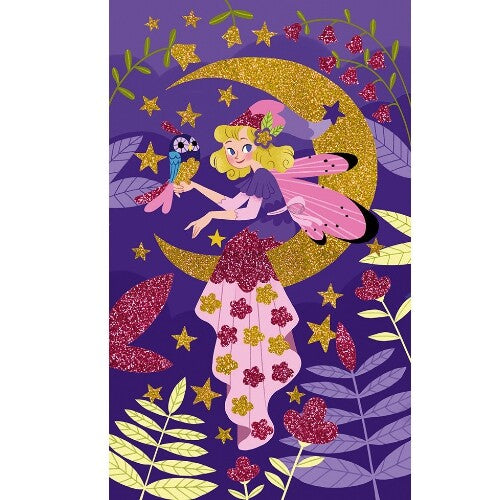 Glittertekening van een elfje met een uil op een gouden maan en sterren.