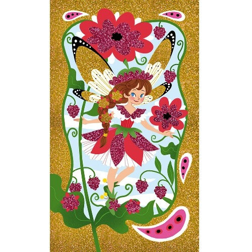 Glittertekening van een elfje met bloemen en vlindervleugels op een gouden achtergrond.