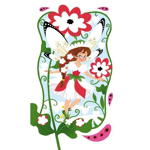 Tekening van een elfje met bloemen en vlindervleugels.