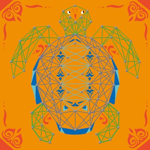 Afbeelding van een afgewerkte geometrische schildpad van koord- en spijkerkunst op een oranje achtergrond.