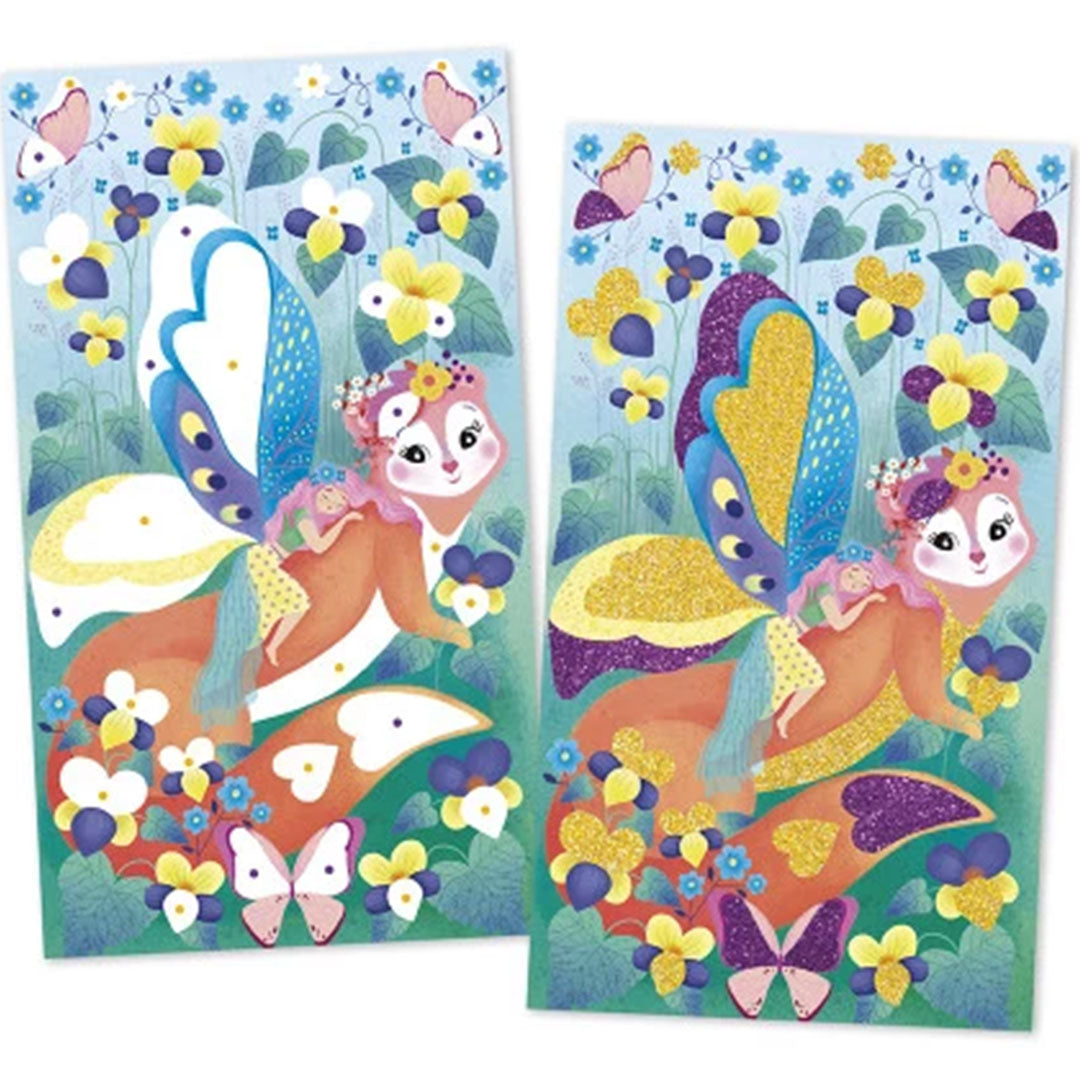 Twee illustraties van een Janod knutselset met een feeënfiguur, bloemen en vlinders, waarvan één met glitter.