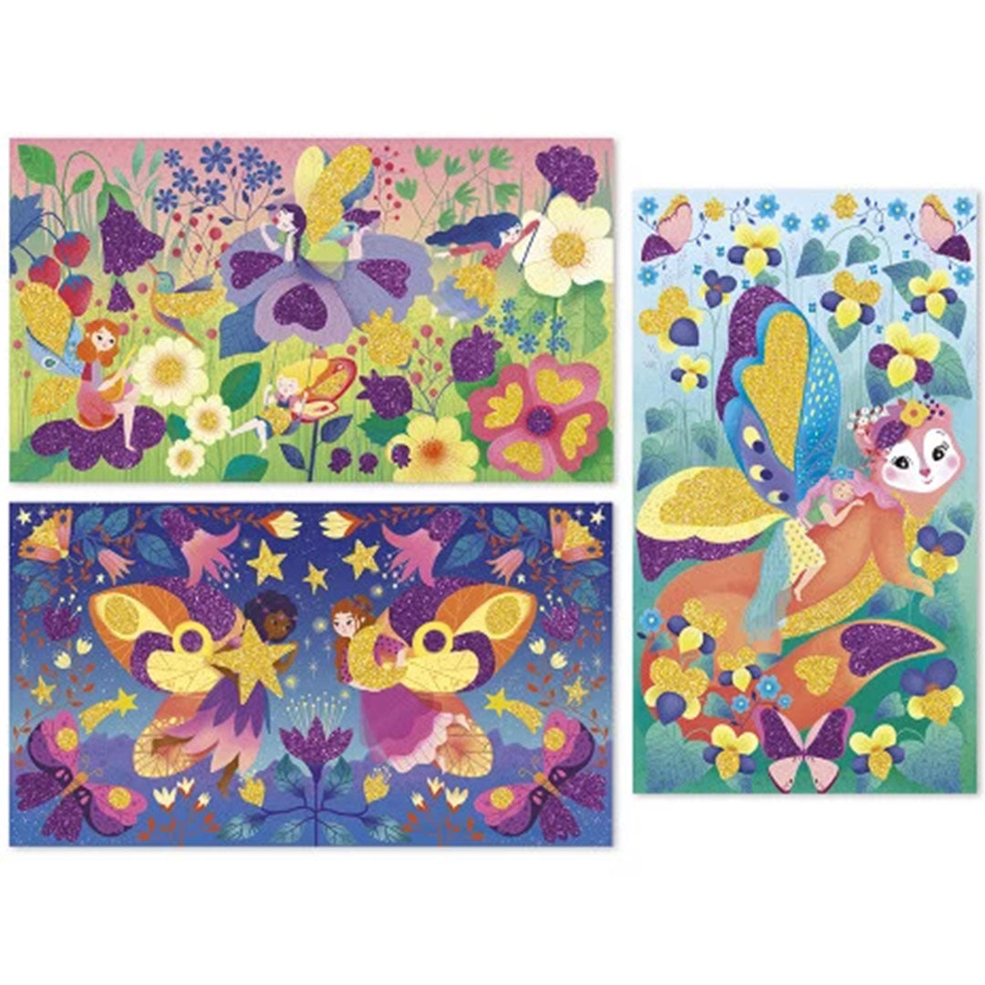 Drie voltooide glitterkunstwerken van de Janod knutselset met magische feeën, bloemen en sterren.