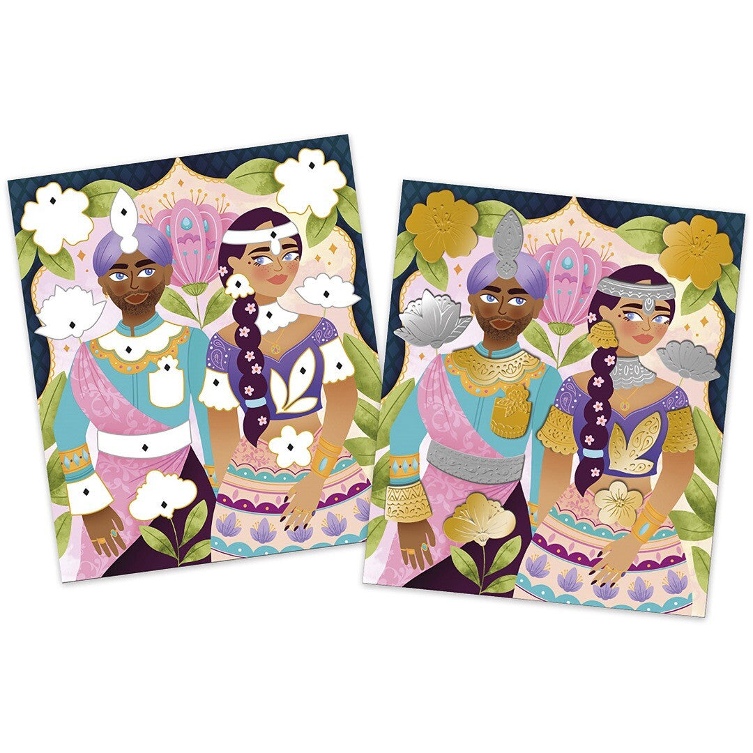 Twee voltooide metallic sticker kunstwerken met figuren in traditionele Indiase kleding.
