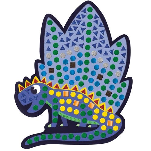 Detail van een paarse mozaïek dinosaurus met een grote rugvin.