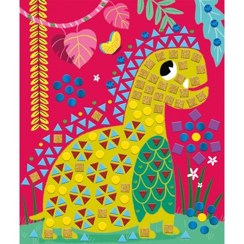 Detail van een gele mozaïek dinosaurus op een felrode achtergrond.