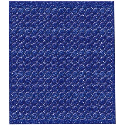 Een vierkant vel met blauwe glitter ronde mozaïek stickers.