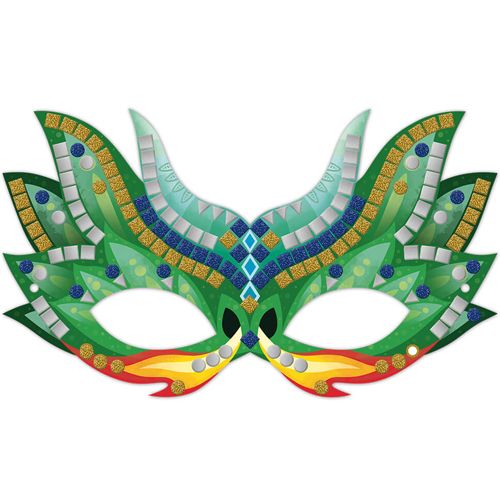 Afgewerkt Janod mozaïek masker in de vorm van een draak met groene en gouden accenten.