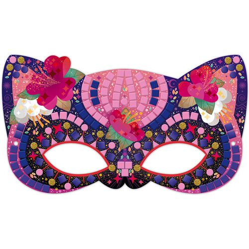 Afgewerkt Janod mozaïek masker in de vorm van een kat met roze en paarse bloemmotieven.