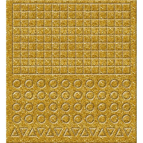 Goud glitter vel met vierkante, ronde en driehoekige mozaïekstickers.