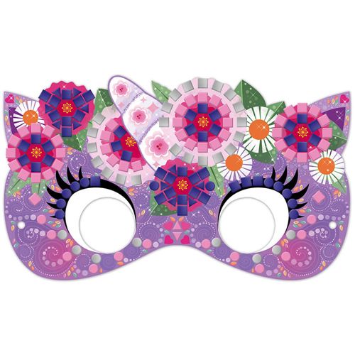 Afgewerkt Janod mozaïek masker in de vorm van een eenhoorn met paarse en roze bloemmotieven.