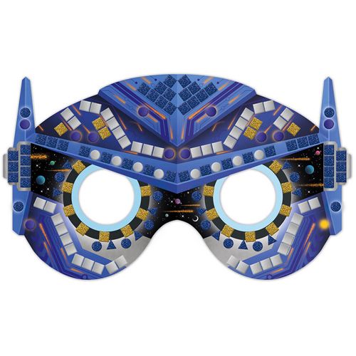 Afgewerkt Janod mozaïek masker met een blauw en zilver robot- of ruimtevaartthema.