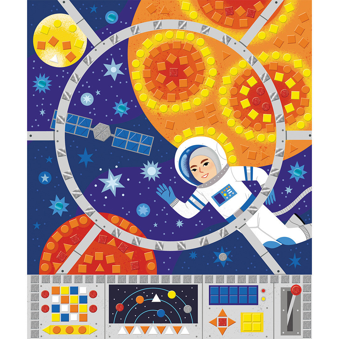 Gedetailleerd mozaïek kunstwerk van een astronaut in de ruimte, gezien door een raam van een ruimteschip.