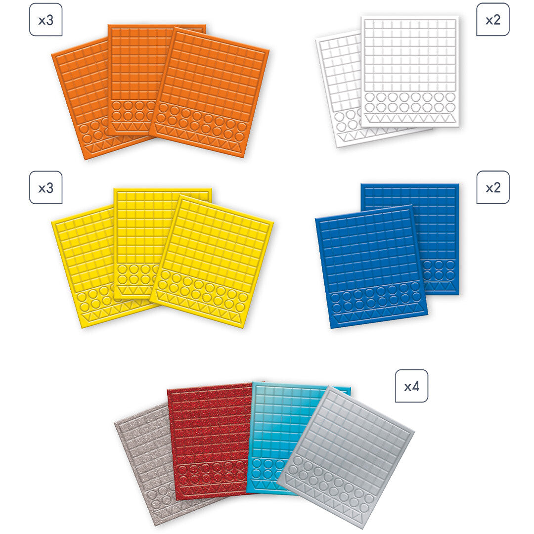 Infographic met verschillende vellen mozaïeksteentjes in diverse kleuren en vormen.