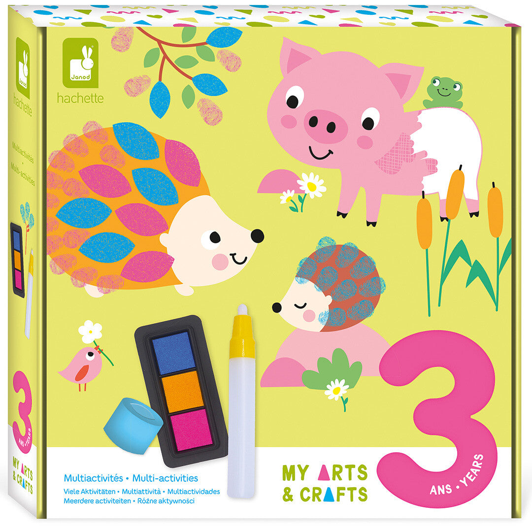 Janod knutselset verpakking voor 3 jaar met illustraties van een egel, varken en kikker.