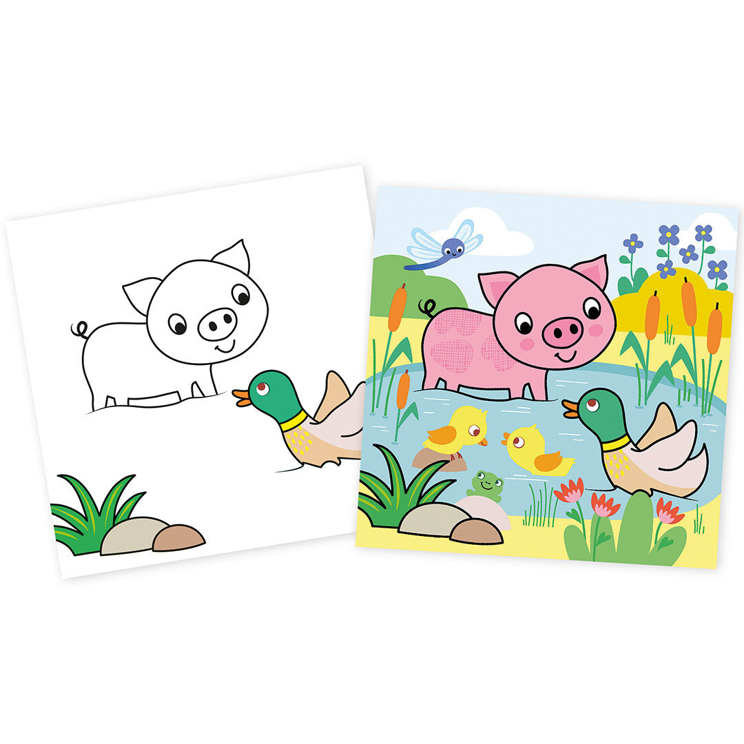 Twee knutselkaarten naast elkaar, één als lijntekening en één ingekleurd, met een varken en eenden bij een vijver.