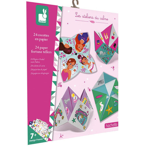 Janod knutselset papieren happertjes verpakking met voorbeelden van kleurrijke happertjes en de tekst "24 paper fortune tellers".