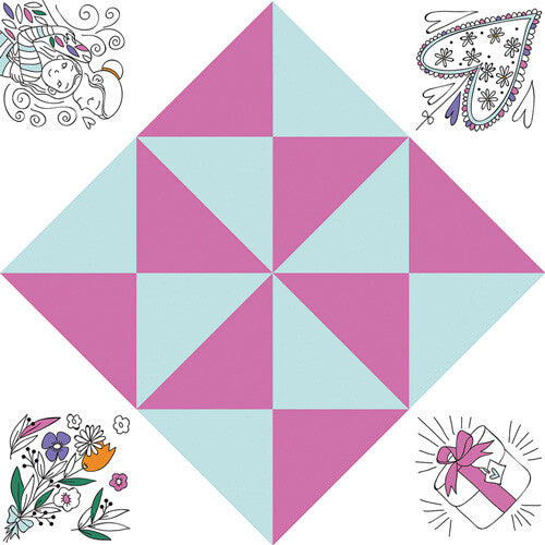 Infographic van een ongevouwen papieren happertje met liefdes- en bloementhema in roze en lichtblauw.