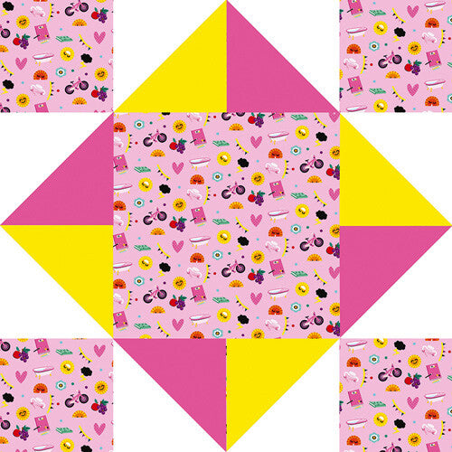 Infographic van een ongevouwen papieren happertje met diverse figuren in geel, roze en wit.