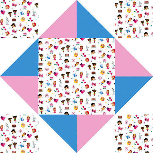 Infographic van een ongevouwen papieren happertje met diverse figuren in blauw, roze en wit.