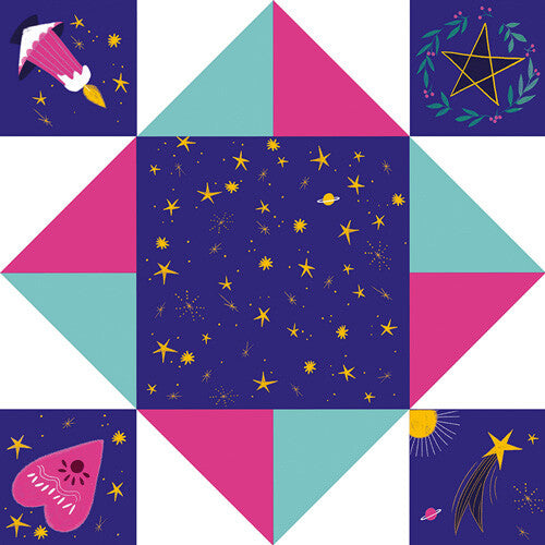 Infographic van een ongevouwen papieren happertje met ruimte- en sterrenthema in donkerblauw, roze en turquoise.