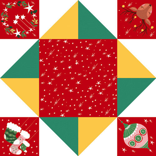 Infographic van een ongevouwen papieren happertje met kerstthema in rood, geel en groen.