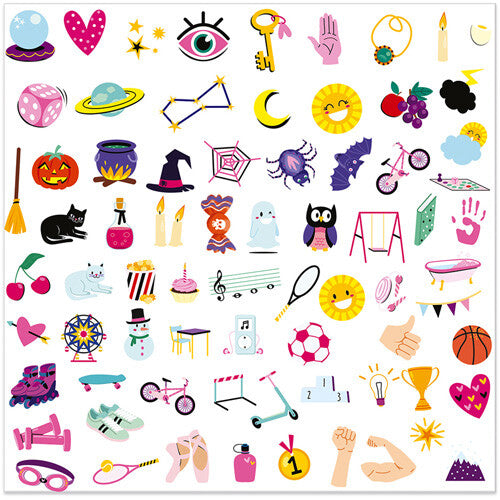 Infographic met een overzicht van diverse kleine illustraties voor de happertjes, waaronder Halloween- en sportthema's.