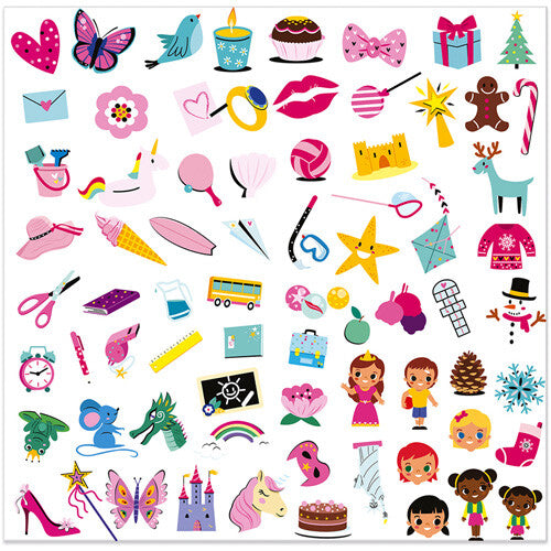 Infographic met een overzicht van diverse kleine illustraties voor de happertjes, waaronder liefdes- en strandthema's.