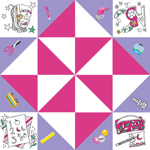 Infographic van een ongevouwen papieren happertje met schoolthema in roze, paars en wit.