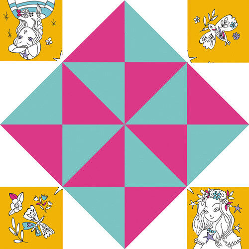 Infographic van een ongevouwen papieren happertje met fantasiethema en meisjesfiguren in roze, turquoise en geel.