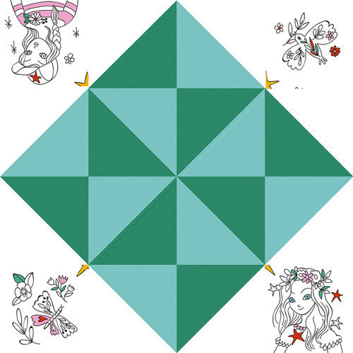 Infographic van een ongevouwen papieren happertje met fantasiethema en meisjesfiguren in turquoise en groen.