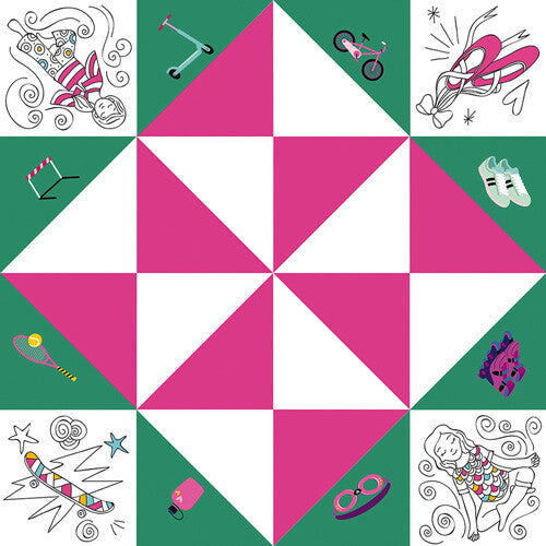 Infographic van een ongevouwen papieren happertje met sportthema in roze, groen en wit.