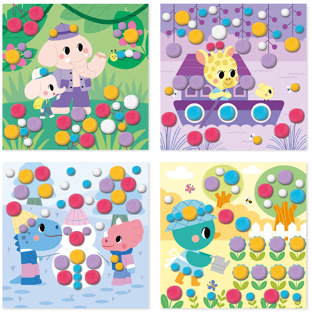 Vier voorbeelden van knutselkaarten met pompoms, waaronder olifanten, een giraffe en dinosaurussen.