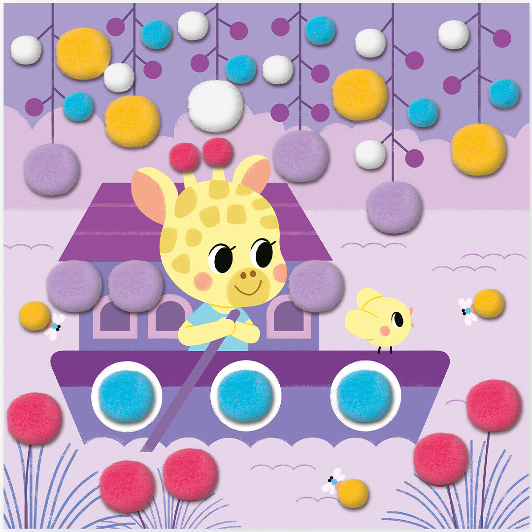 Een knutselkaart met een giraffe in een boot, omringd door kleurrijke pompoms.