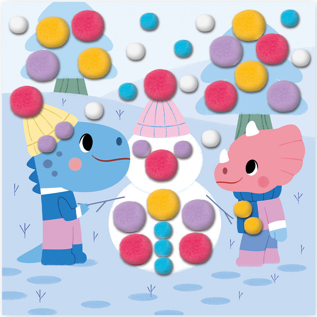 Een knutselkaart met twee dinosaurussen die een sneeuwpop versieren met kleurrijke pompoms.