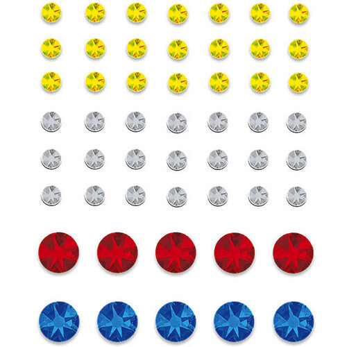 Detail van gele, zilveren, rode en blauwe strass-steentjes voor de knutselset.